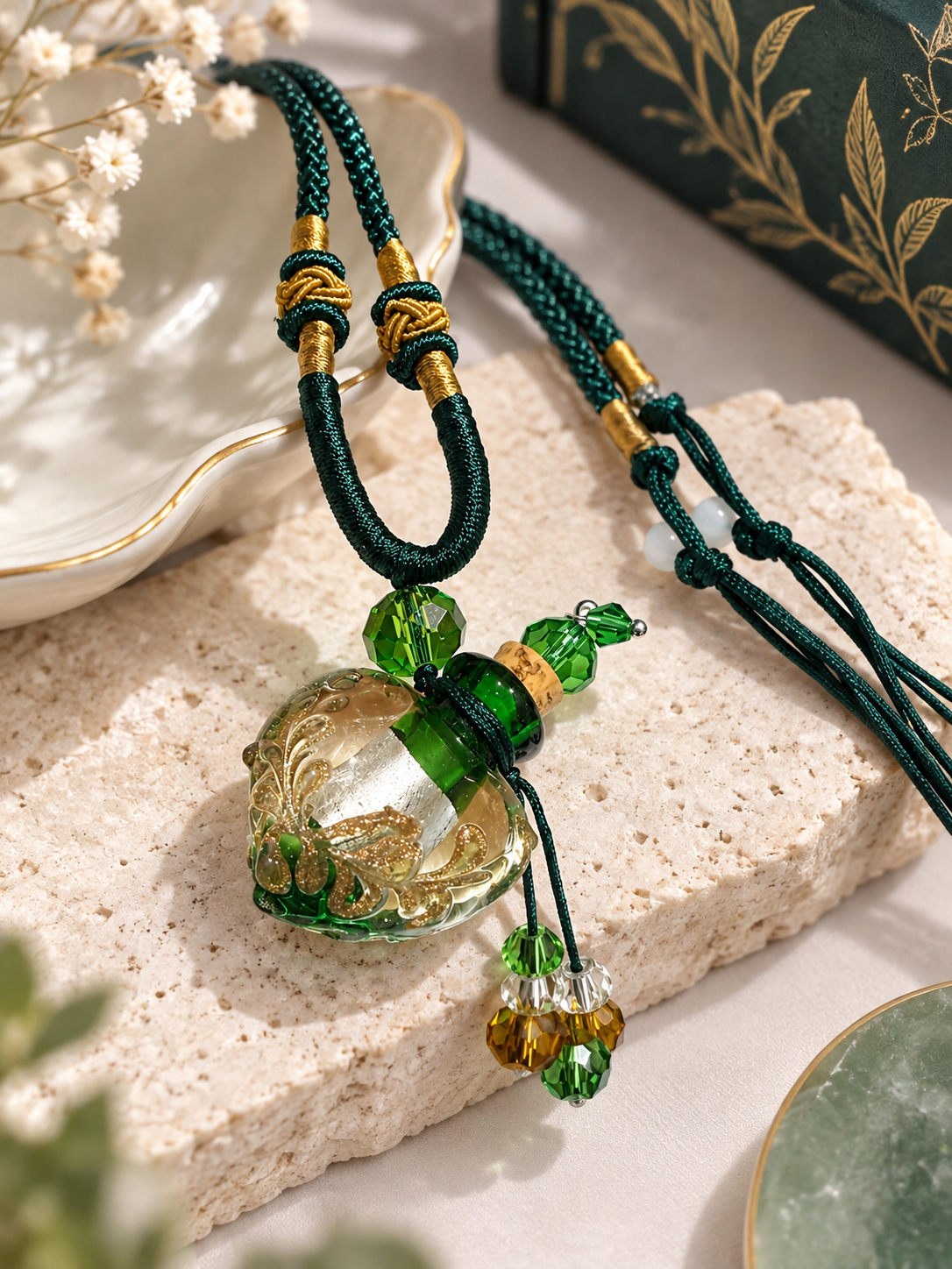 Hand-Painted Glass Essential Oil Bottle Necklace – Emerald Green