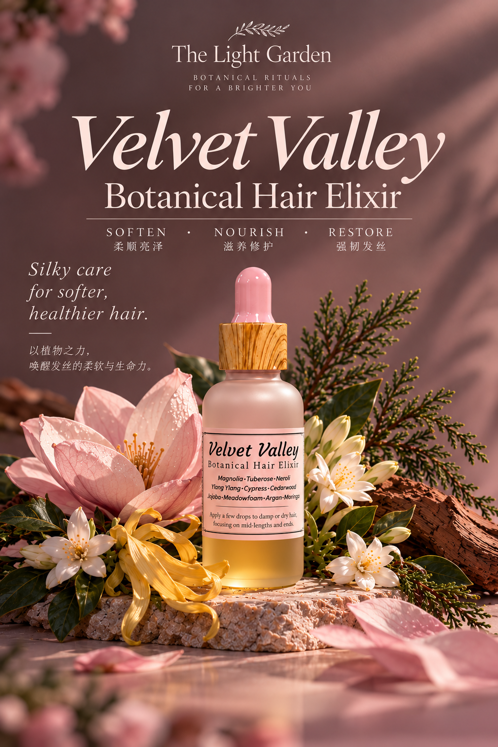 Velvet Valley Botanical Hair Elixir promotional image with botanicals