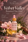 Velvet Valley Botanical Hair Elixir promotional image with botanicals