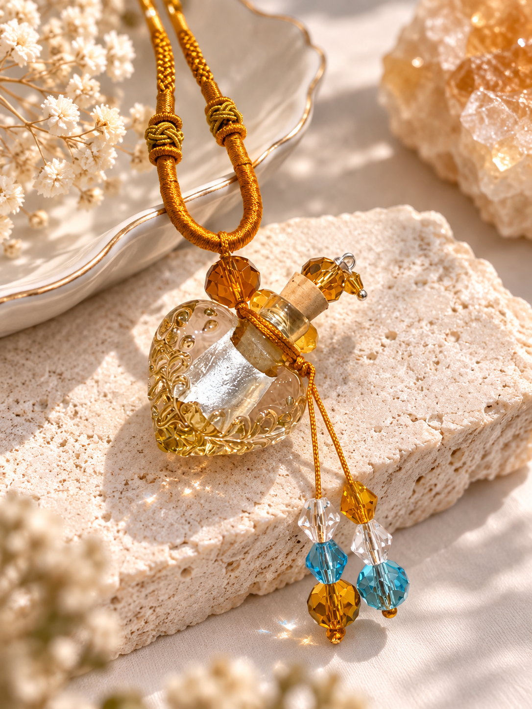 Hand-Painted Glass Essential Oil Bottle Necklace – Golden Amber