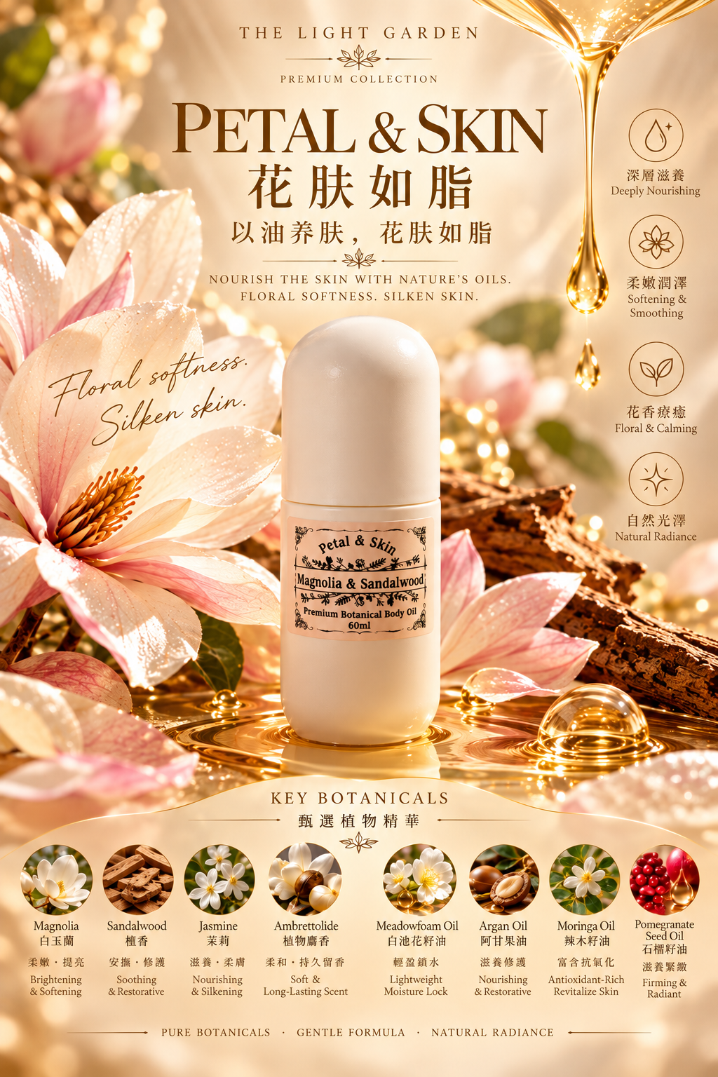 Petal & Skin Magnolia & Sandalwood Premium Botanical Body Oil 60ml product shot