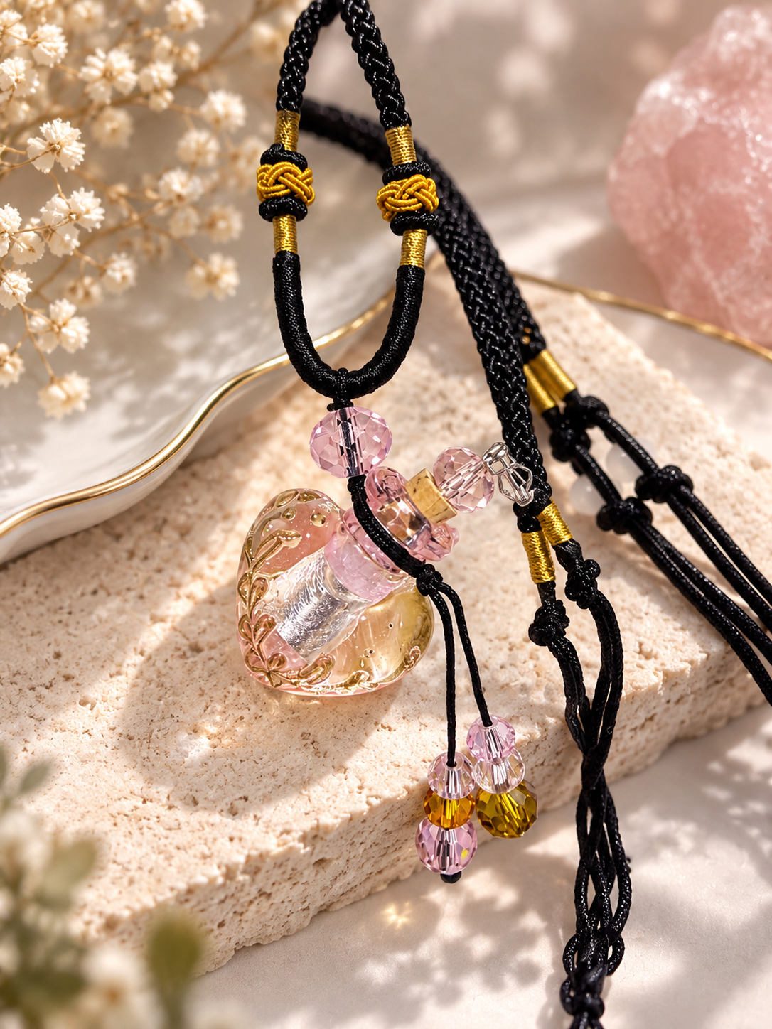Hand-Painted Glass Essential Oil Bottle Necklace – Black & Pink