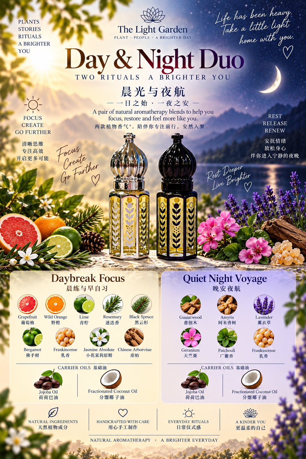 Day and Night Duo info page showing ingredients for Daybreak Focus and Quiet Night Voyage